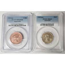 AUSTRALIA 1963 and 1963 . HALF 1/2  PENNY and ONE 1 SHILLING . PCGS GRADED